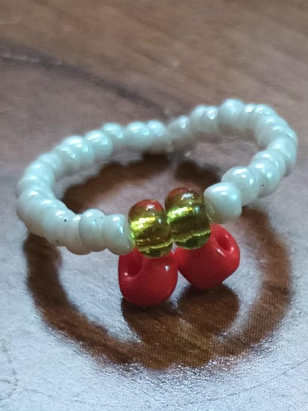 Red Cherry Ring Beaded Handmade Size 6 Kawaii Y2K White Green